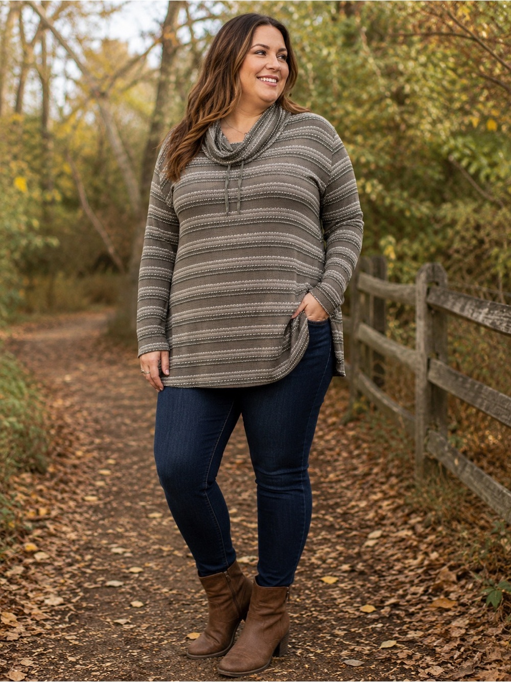 Sunday 1X Olive Gray Striped Cowl Neck Tunic Sweater Boho Fall